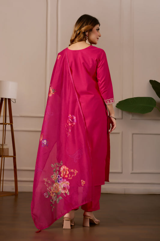 Women Embroidered Regular Pure Cotton Kurti with Pyjamas With Dupatta