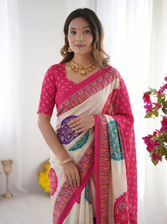 Ivory White & Rani Pink Pure Modal Silk Saree with Multicolor Mandala Print & Heritage Designer Pallu