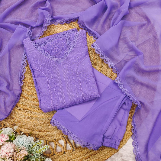 Lavender Georgette Chikankari Embroidery Kurta With Pant And Dupatta For Women