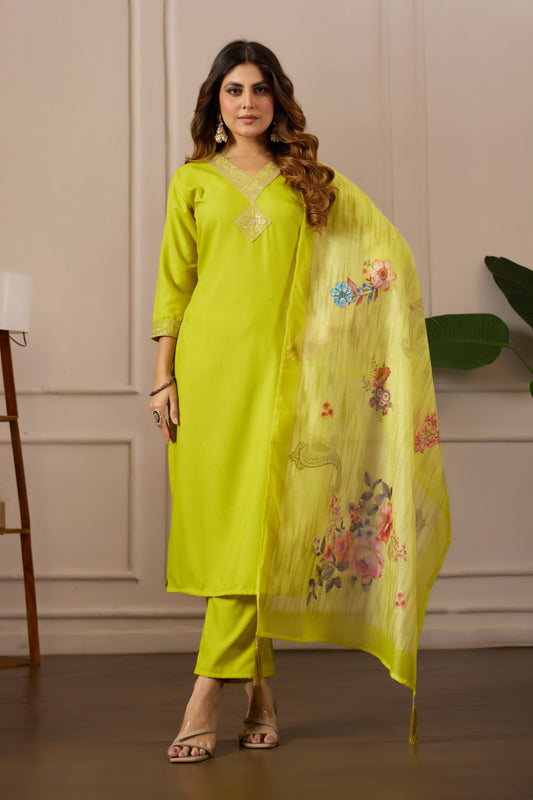 Women Embroidered Regular Pure Cotton Kurti with Pyjamas With Dupatta