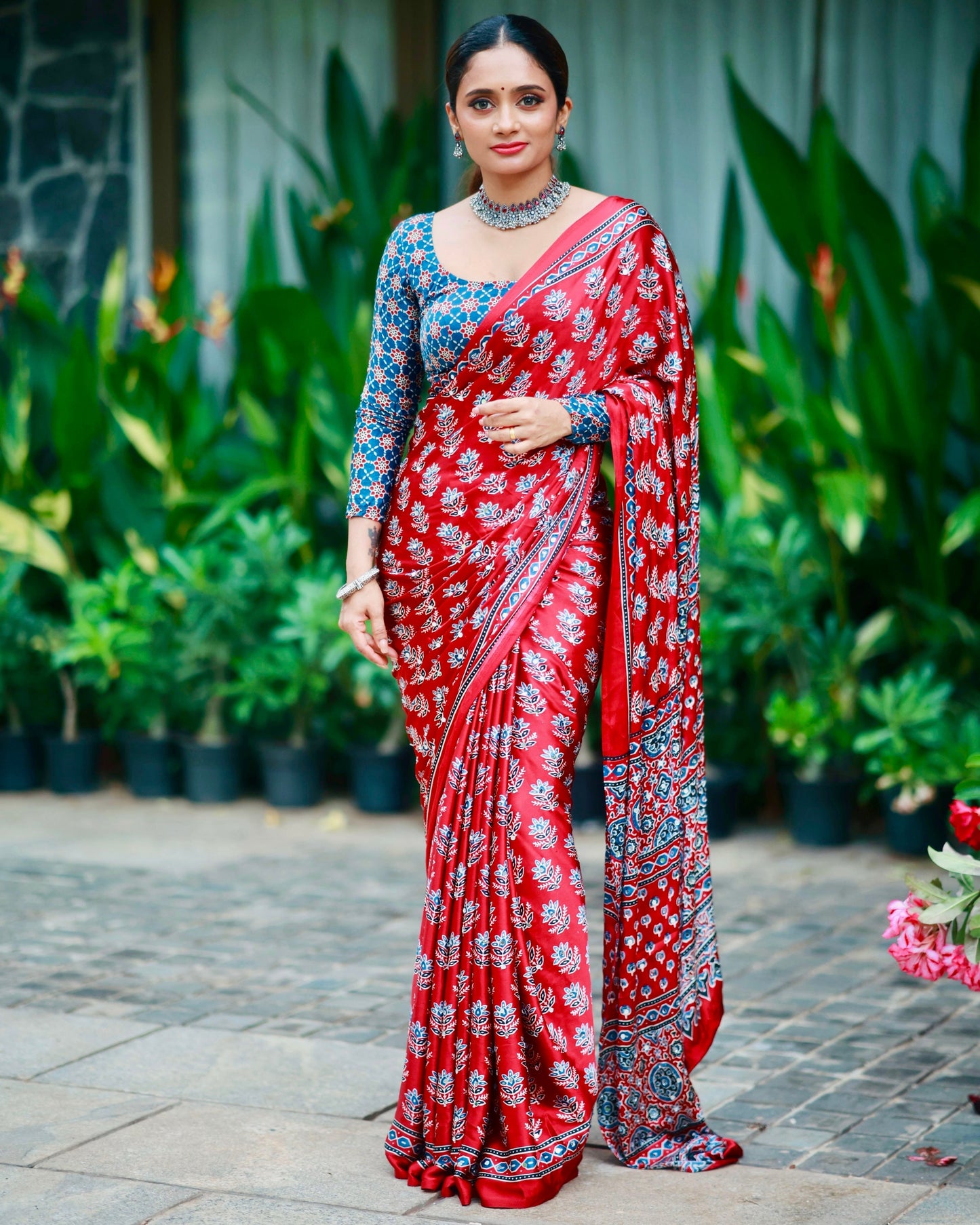 Scarlet Red Pure Modal Silk Saree with Ajrakh Inspired Floral Print & Traditional Heritage Pallu