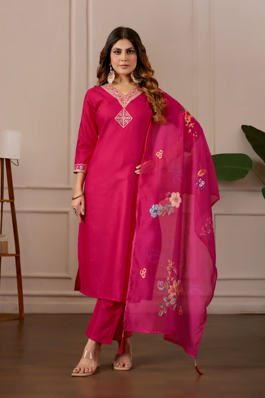 Women Embroidered Regular Pure Cotton Kurti with Pyjamas With Dupatta