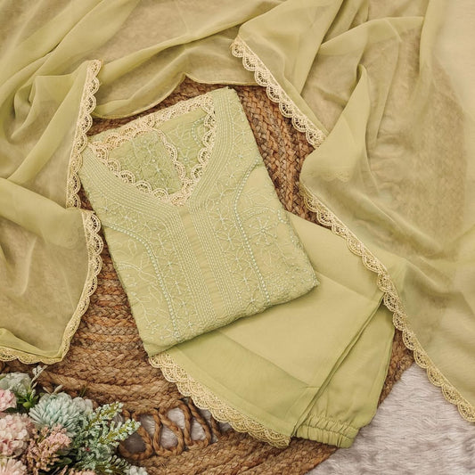 Pastel Lime Georgette Chikankari Embroidery Kurta With Pant And Dupatta For Women