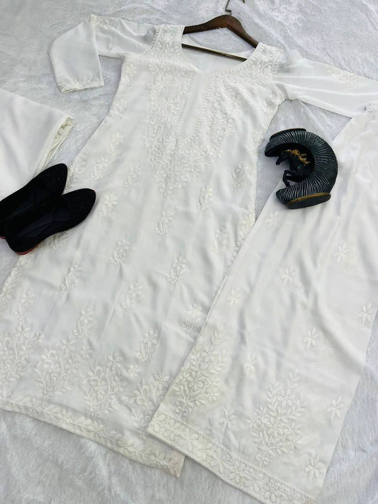 Premium White Maslin Embroidered Kurti Set with Palazzo & Dupatta