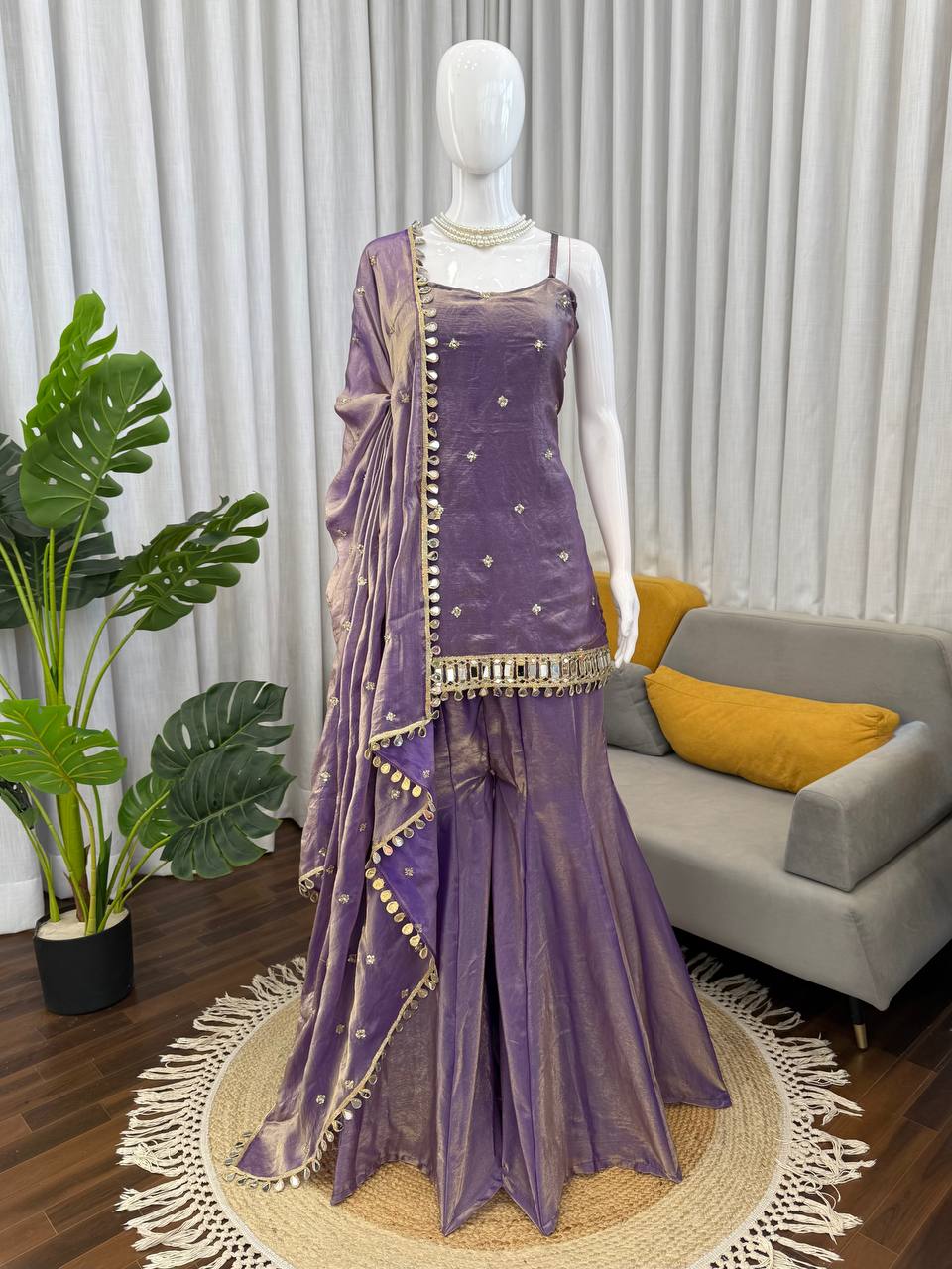 Designer Mirror Work Kurta Palazzo Set for Women – Fendy Silk Party Wear Suit with Dupatta | Wedding, Sangeet
