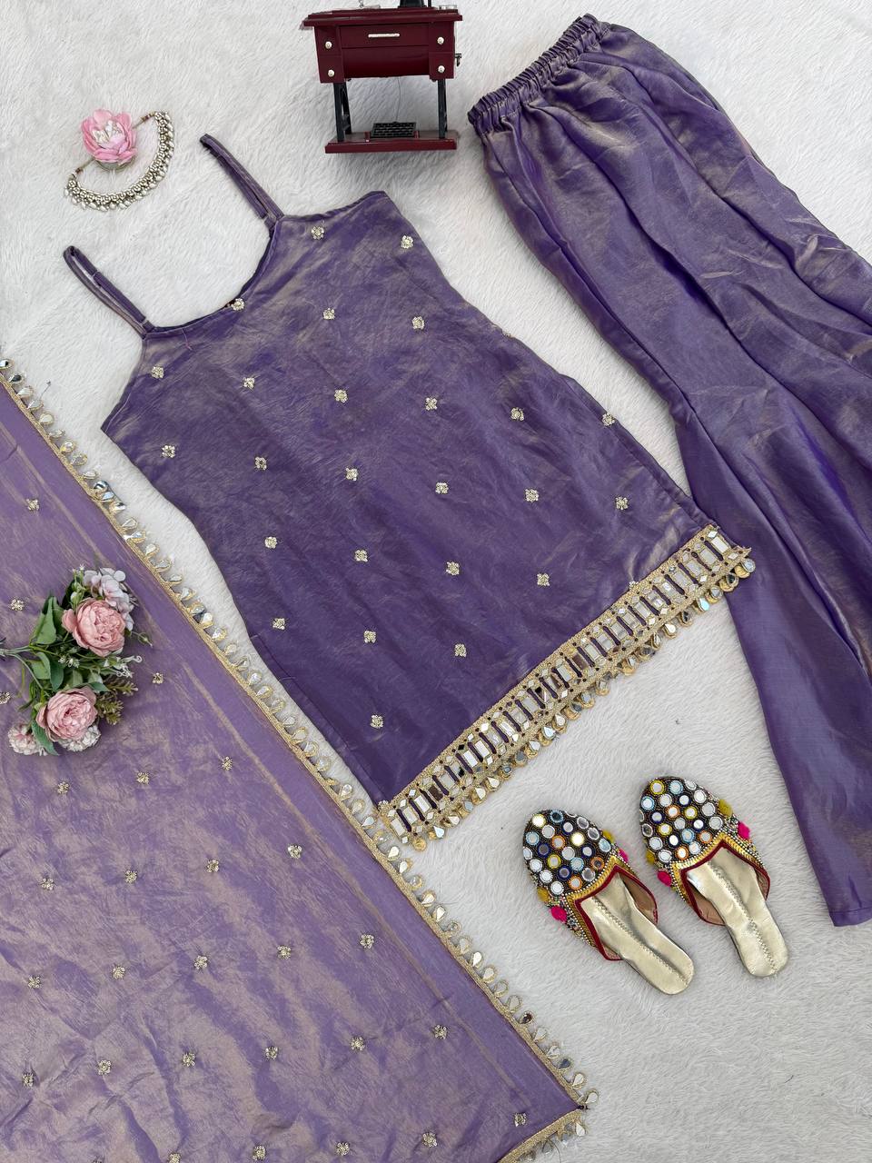 Designer Mirror Work Kurta Palazzo Set for Women – Fendy Silk Party Wear Suit with Dupatta | Wedding, Sangeet