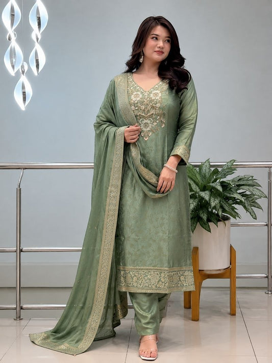 Featuring Beautiful Suit Sets in pure Malay Glass Tissue with Kanjivaram Hand Work Nack Suit Set