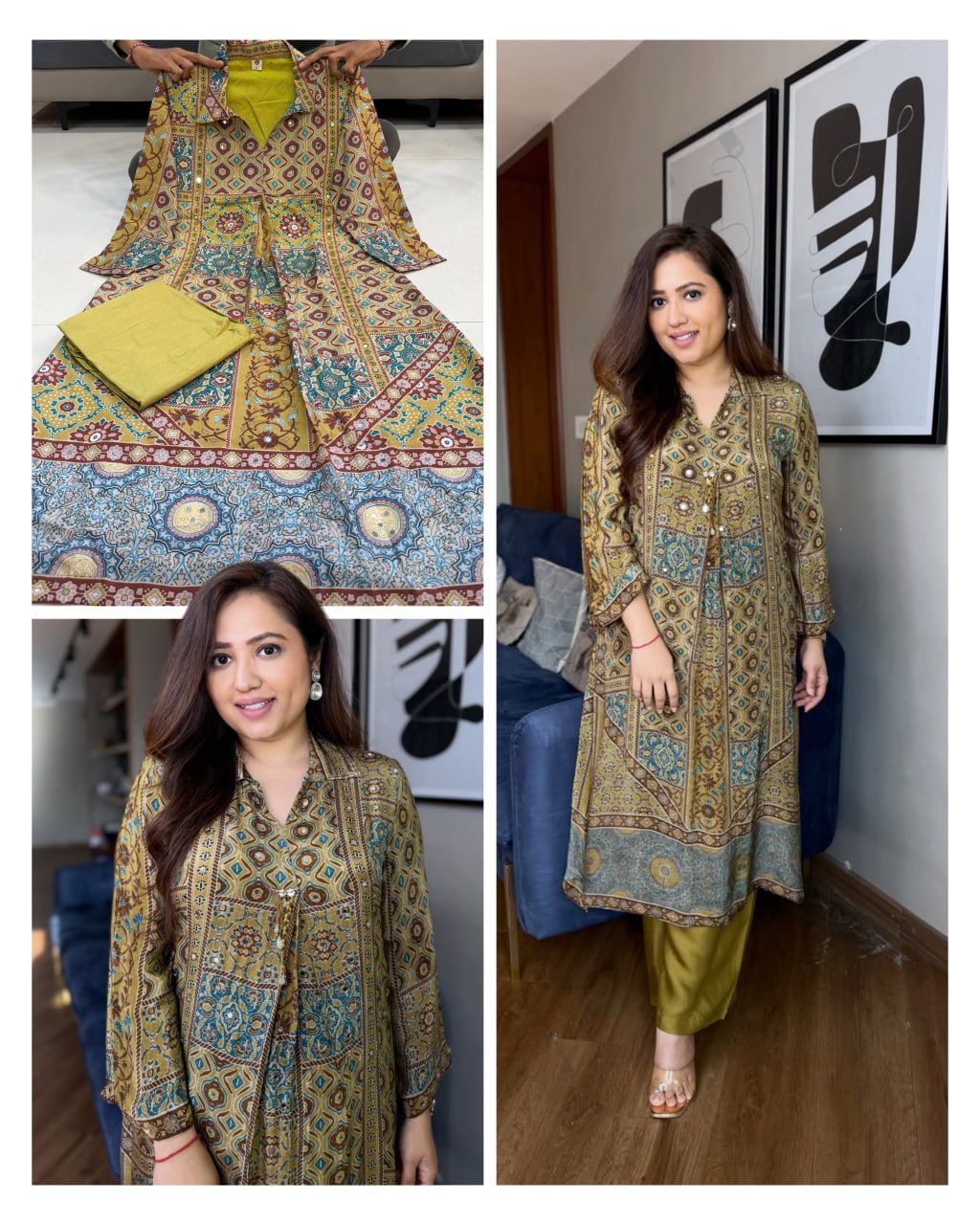 Đěsigner Pure Natural Crape With Original Mirror Top With Plazo Cord Set👗*