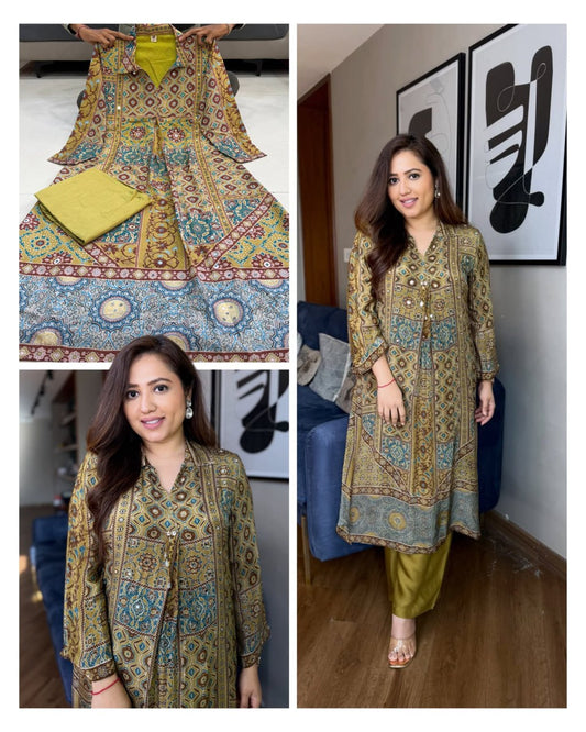 Đěsigner Pure Natural Crape With Original Mirror Top With Plazo Cord Set👗*
