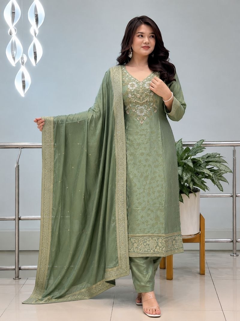 Featuring Beautiful Suit Sets in pure Malay Glass Tissue with Kanjivaram Hand Work Nack Suit Set