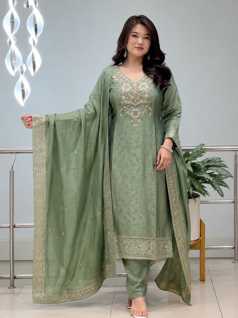 Featuring Beautiful Suit Sets in pure Malay Glass Tissue with Kanjivaram Hand Work Nack Suit Set