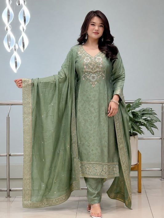 Featuring Beautiful Suit Sets in pure Malay Glass Tissue with Kanjivaram Hand Work Nack Suit Set